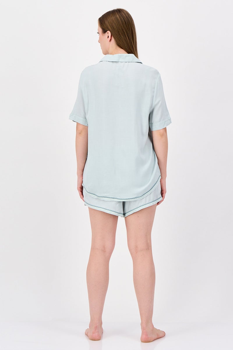 NINE WEST Women 2 Pieces Textured Top And Bottom Pyjama Set, Sage Green - Image 4